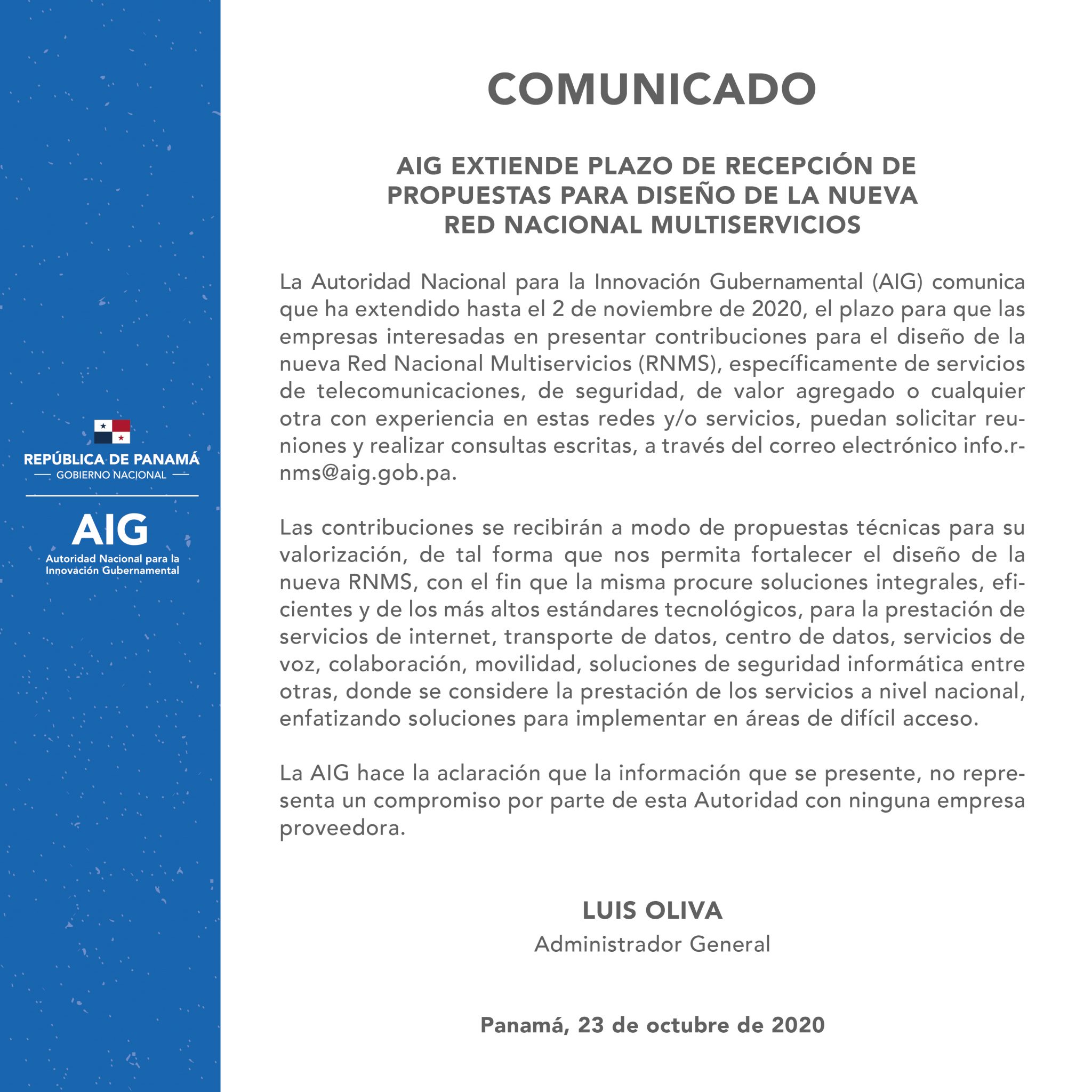 AIG extiende plazo de recepción de propuestas para diseño de la nueva  Red Nacional Multiservicios