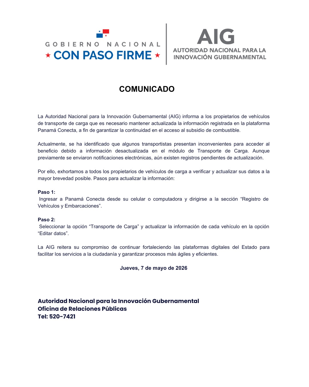 Actualizar datos Transporte de carga